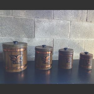 Vintage Metal Barrel Canister Set with Copper Eagle Detail
